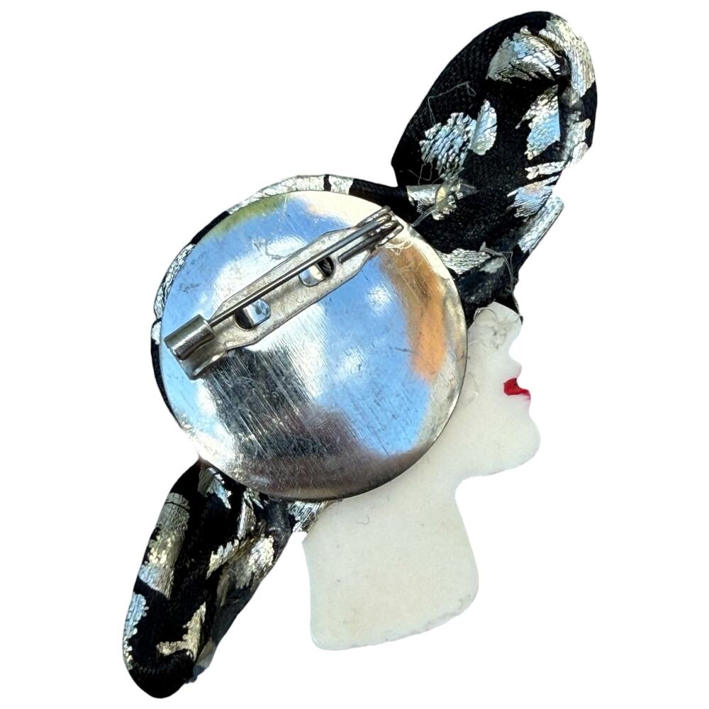 Vintage Woman Lady Face Profile Hat Brooch Hand Painted Art Deco Flapper Pin - Picture 3 of 4